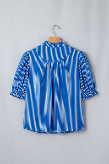 Stripe Ruffle Puff Sleeve Button Front Blouse