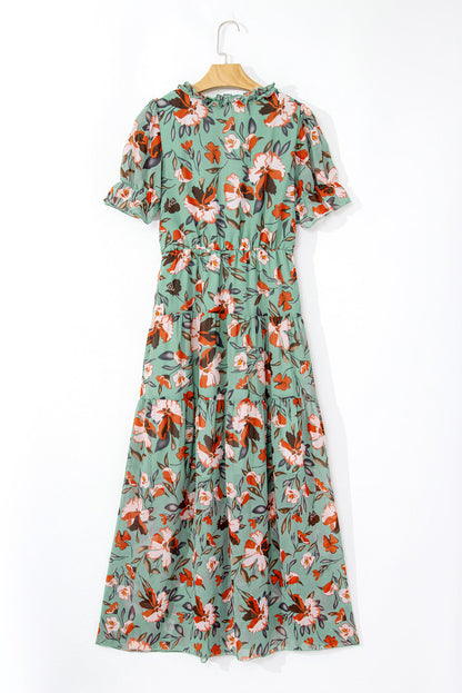 Floral Frilled V-Neck Short Sleeve Maxi Dress