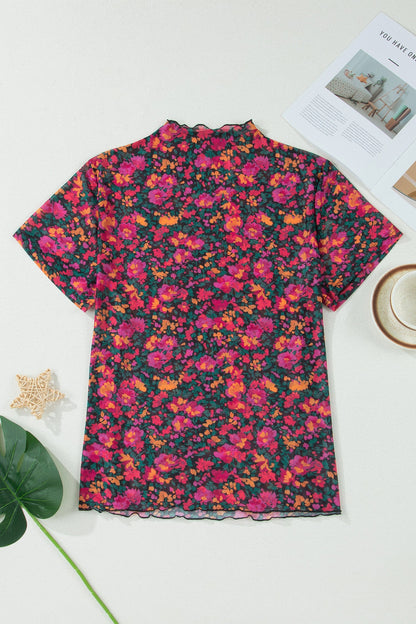 Plus Size Floral Mesh Short Sleeve Top
