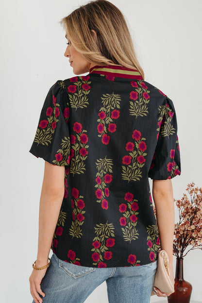 Floral Contrast Slit V-Neck Short Bubble Sleeve Blouse