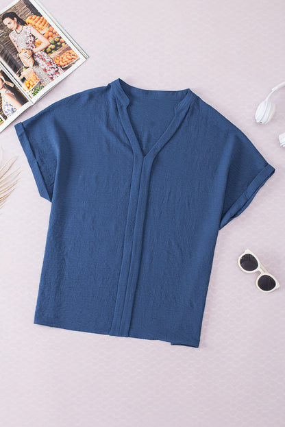 Solid Crinkle Textured Batwing Sleeve V-Neck Blouse
