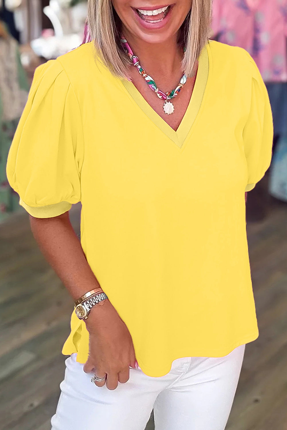 Solid V-Neck Short Puff Sleeve Blouse