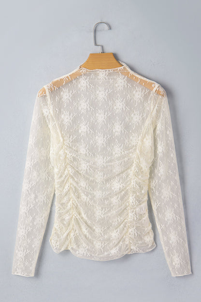 Floral Mesh Ruched Long Sleeve Sheer Top