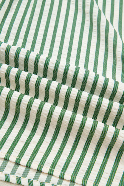 Stripe Collared V-Neck Bubble Sleeve Blouse