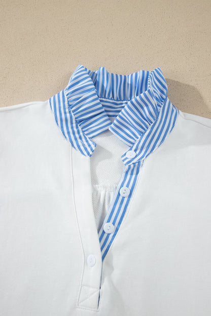 Stripe Frilled Collar Short Sleeve Blouse