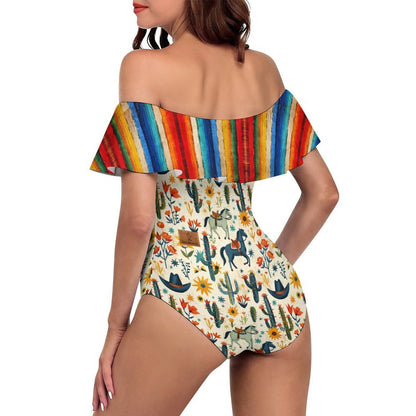 South Of The Border Serape Off-Shoulder Ruffle One-Piece Swimsuit