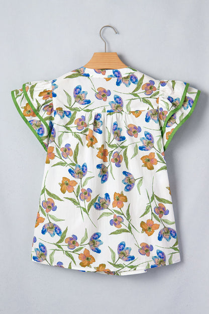 Floral Ruffle Sleeve Pleated Button Up V-Neck Blouse