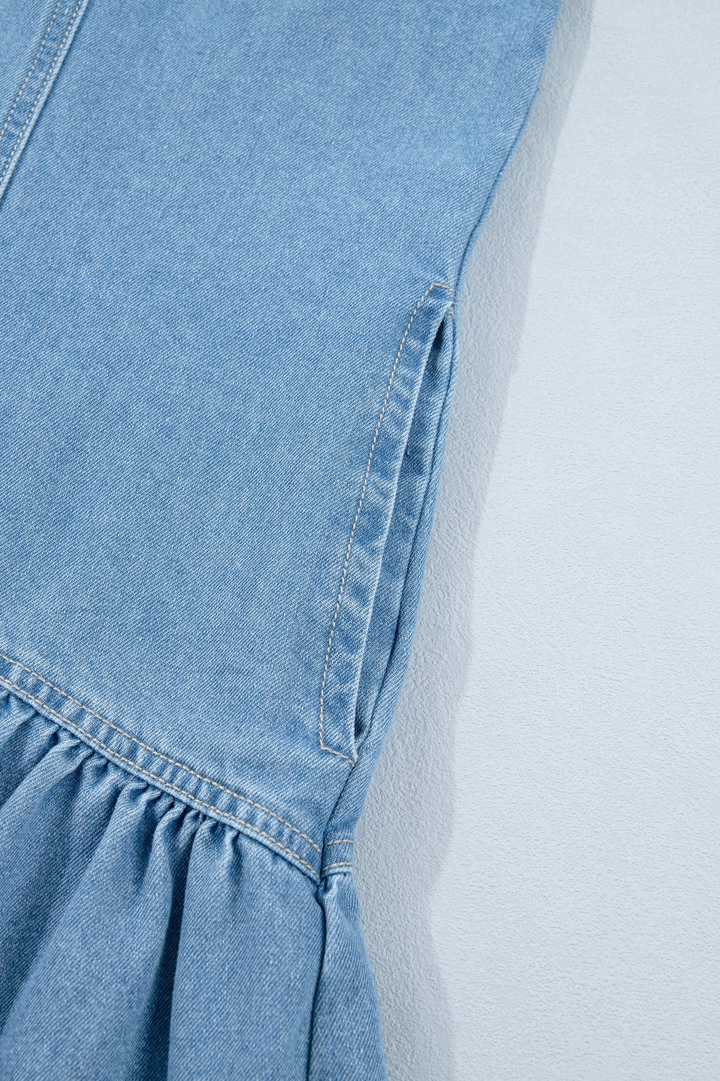 Denim Short Puff Sleeve Ruffle Hem Buttoned Dress