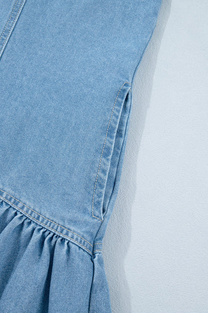 Denim Short Puff Sleeve Ruffle Hem Buttoned Dress