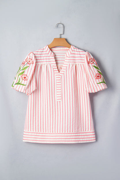 Floral Stripe Embroidered Puff Sleeve V-Neck Blouse