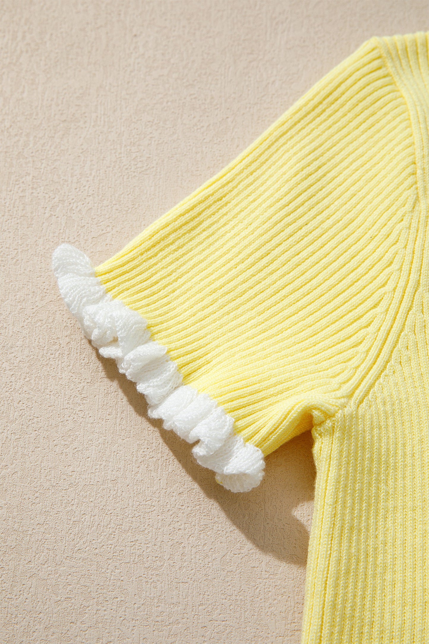 Solid Ribbed Frilled Short Sleeve Sweater Cardigan