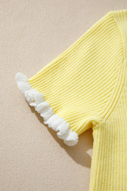 Solid Ribbed Frilled Short Sleeve Sweater Cardigan