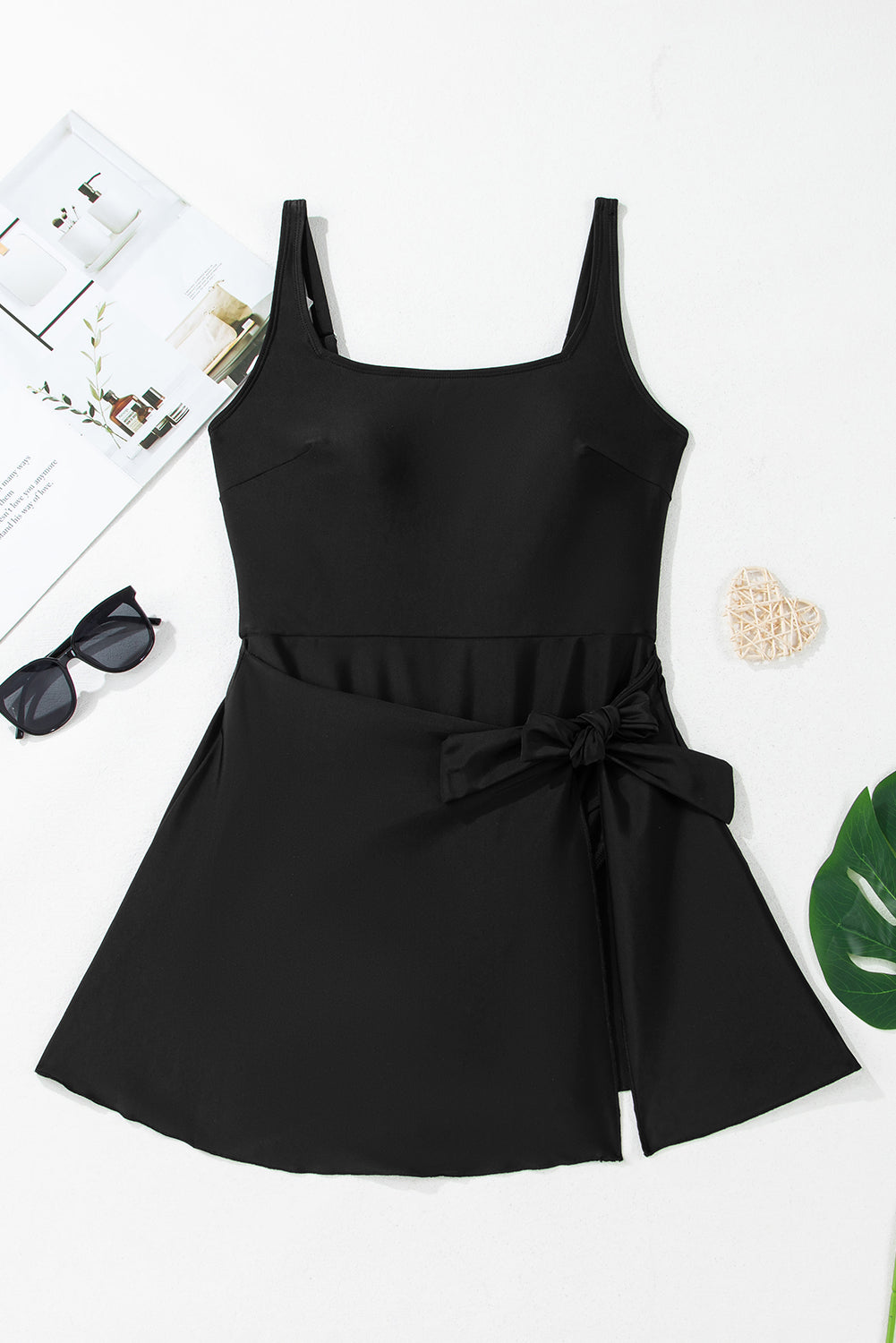 Solid Wrap Tie Waist Square Neck Swim Dress
