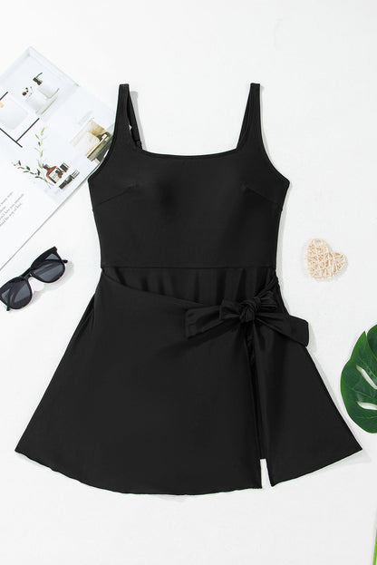 Solid Wrap Tie Waist Square Neck Swim Dress