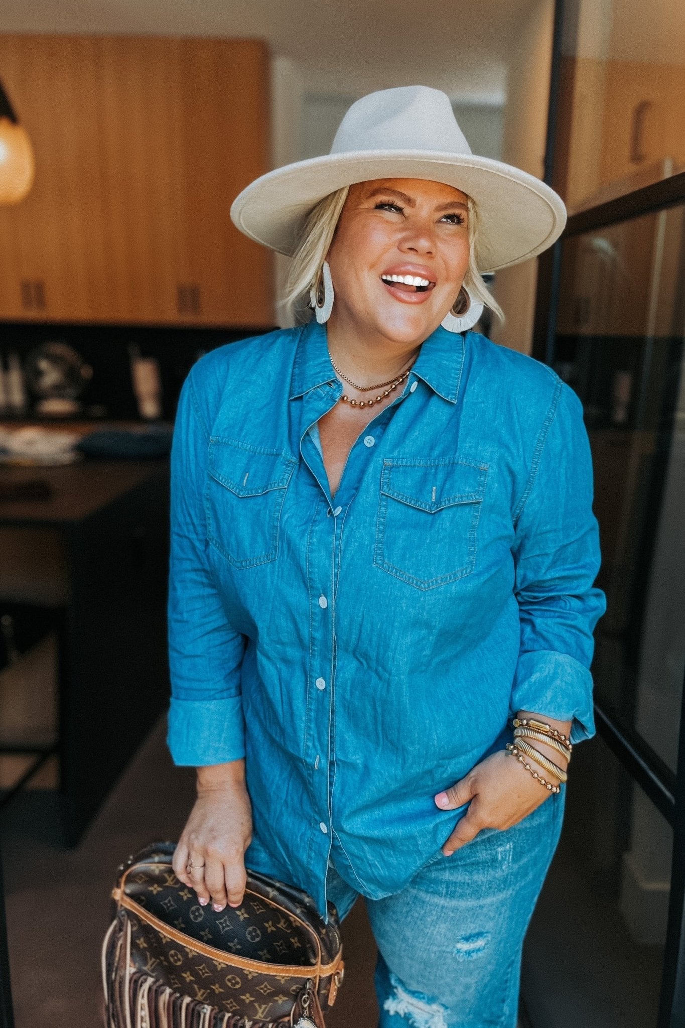 Blakeley "Dakota" Chambray Denim Western Top — Lightweight Breathable with Functional Buttons (Extra small remaining)