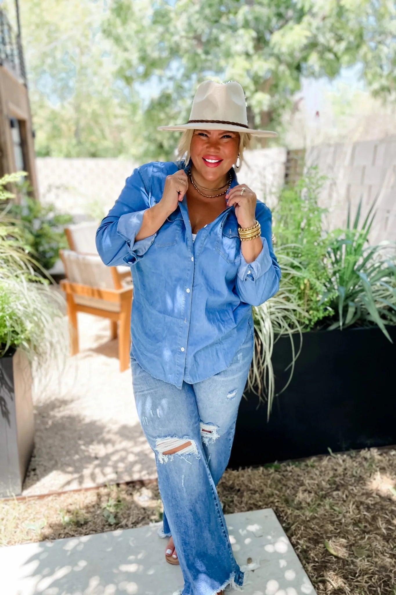 Blakeley "Dakota" Chambray Denim Western Top — Lightweight Breathable with Functional Buttons (Extra small remaining)