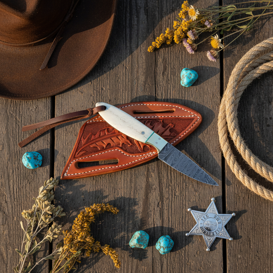 Compact Damascus Western Ranch Knife – Bone Handle & Brass Bolster with Leather Sheath