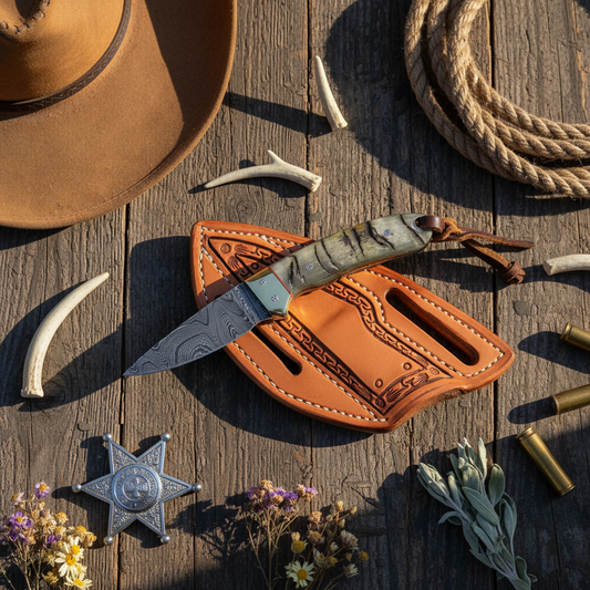 Compact Western Ranch Knife – Damascus Steel, Sheep Horn Handle & Brass Bolster with Leather Sheath