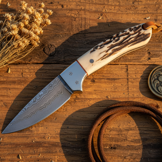 Cross Draw Knife – Damascus Steel, Antler Horn Handle, Steel Bolster & Leather Sheath | 6.25"