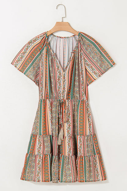 Floral Boho Buttoned V-Neck Ruffle Tiered Dress