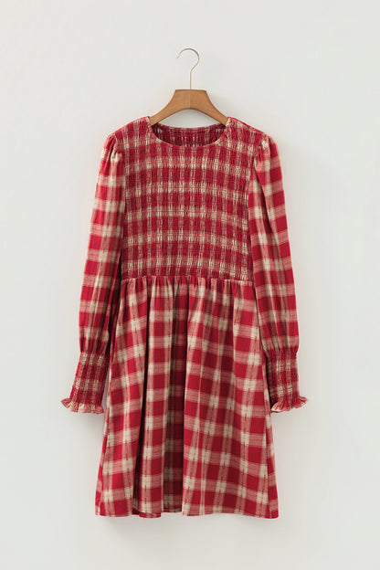 Gingham Plaid Smocked Puff Sleeve Mini Dress