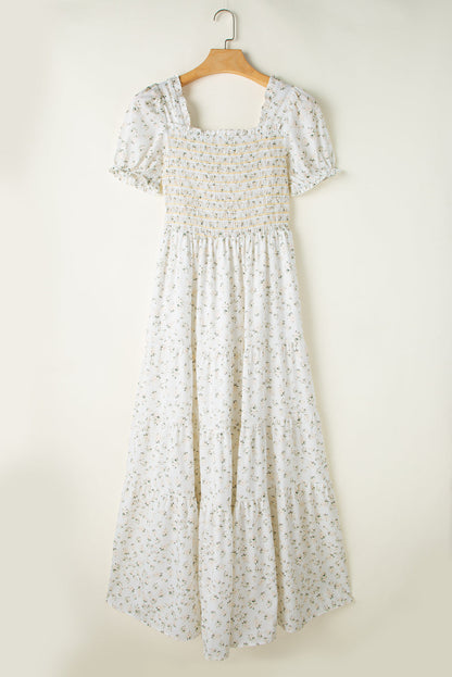 Floral Frilly Shirred Bodice Tiered Maxi Dress