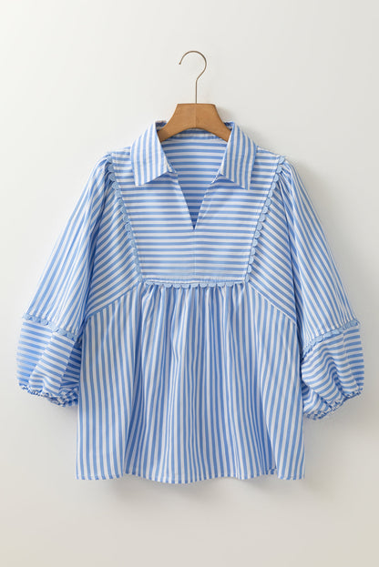 Stripe Shirt Collar V-Neck Ricrac Trim Blouse