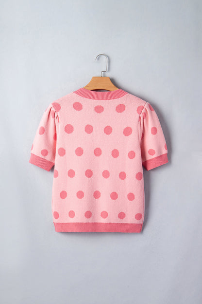 Polka Dot Puff Short Sleeve V-Neck Sweater