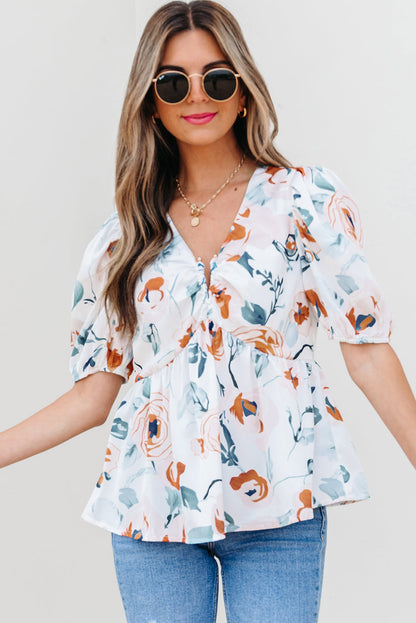 Floral Puff Sleeve V-Neck Babydoll Blouse
