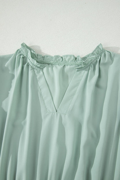 Solid V-Neck Short Puff Sleeve Tiered Maxi Dress