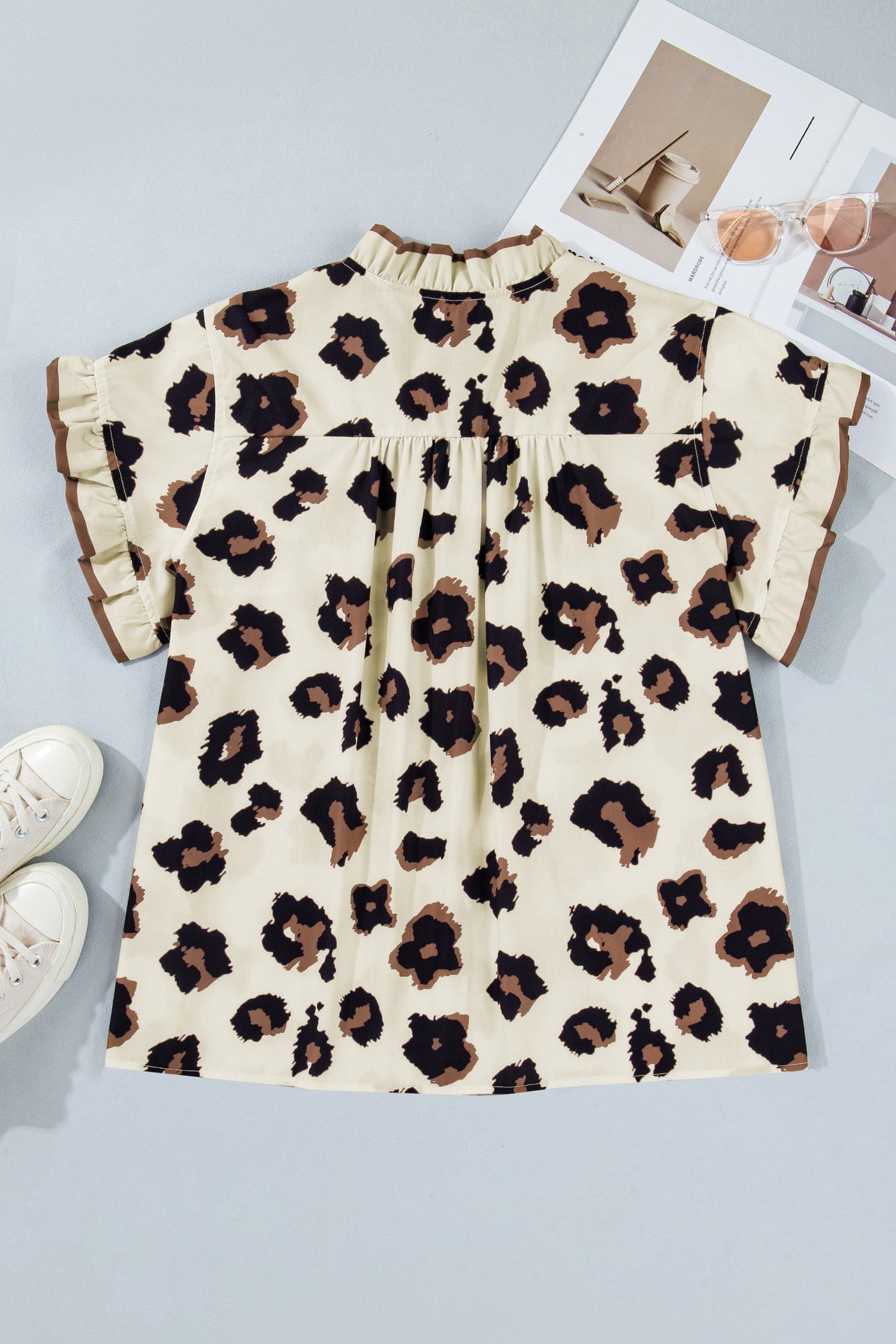 Plus Size Leopard Frilled Button Down Blouse