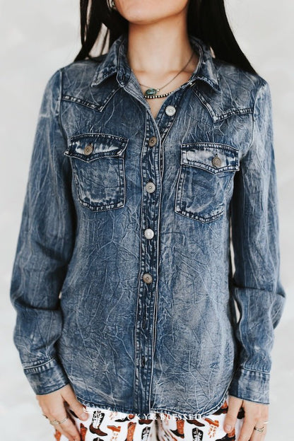 LUCKY & BLESSED Vintage Blue Washed Western Denim Shirt — Concho Button Tencel Cowgirl Statement