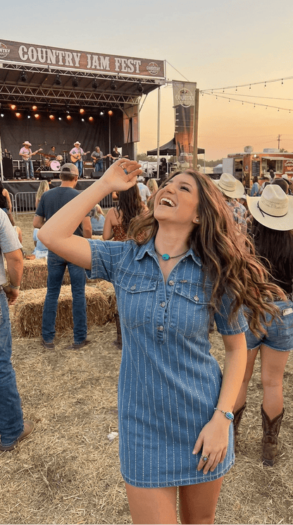 LUCKY & BLESSED Light Wash Denim Rhinestone Striped Western Mini Dress — Stretch Denim with Shimmering Pinstripes