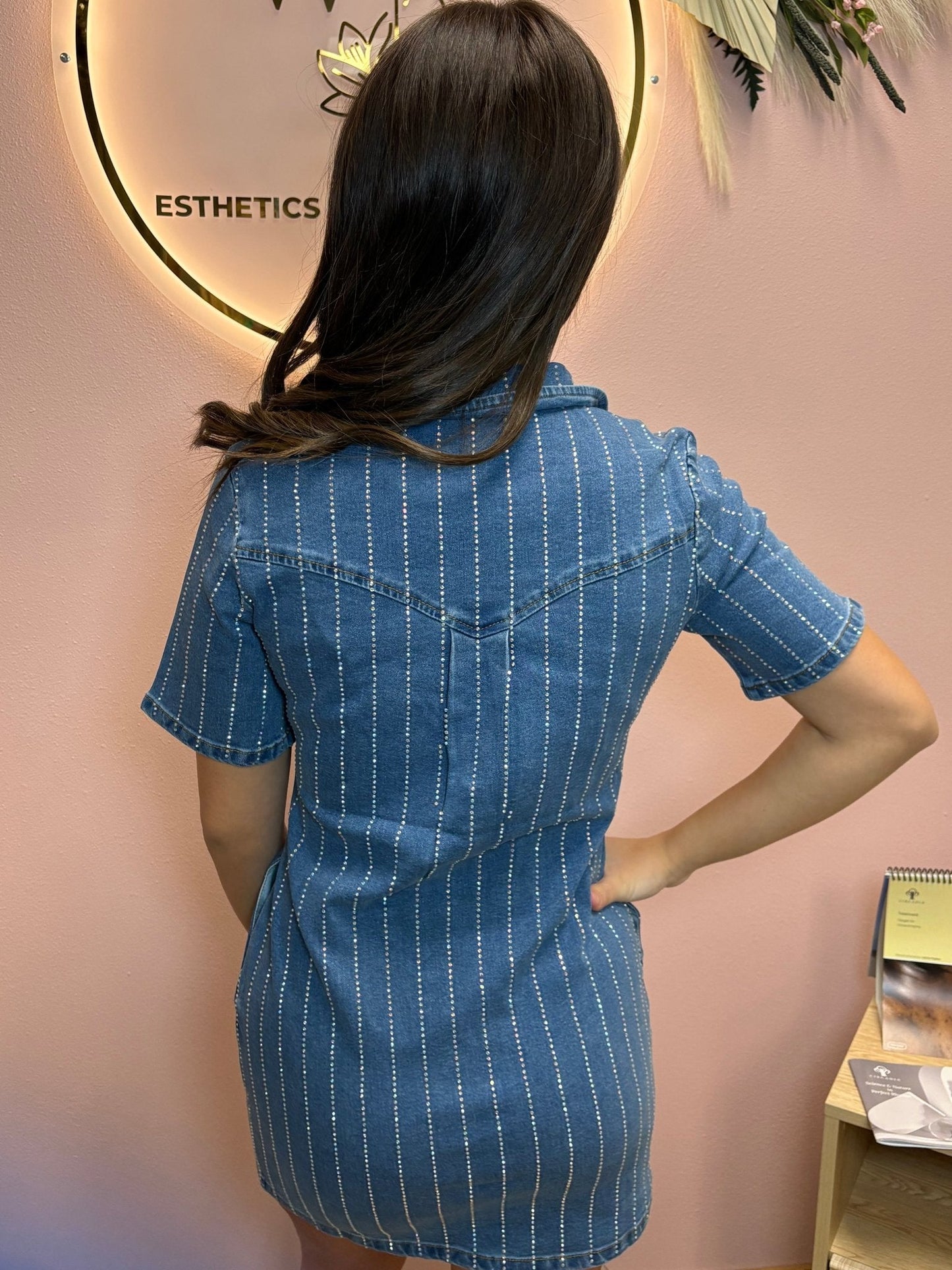 LUCKY & BLESSED Light Wash Denim Rhinestone Striped Western Mini Dress — Stretch Denim with Shimmering Pinstripes