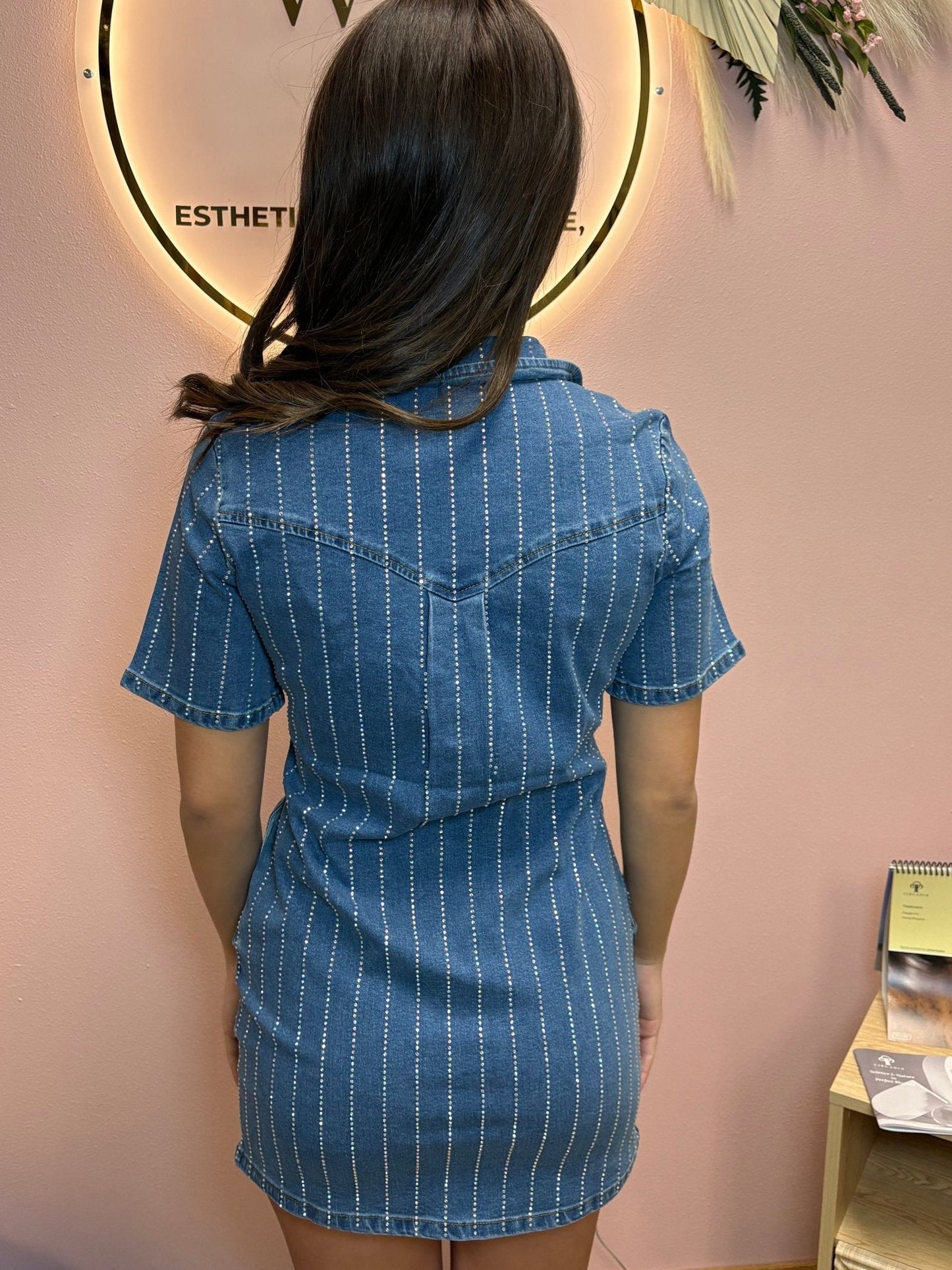 LUCKY & BLESSED Light Wash Denim Rhinestone Striped Western Mini Dress — Stretch Denim with Shimmering Pinstripes