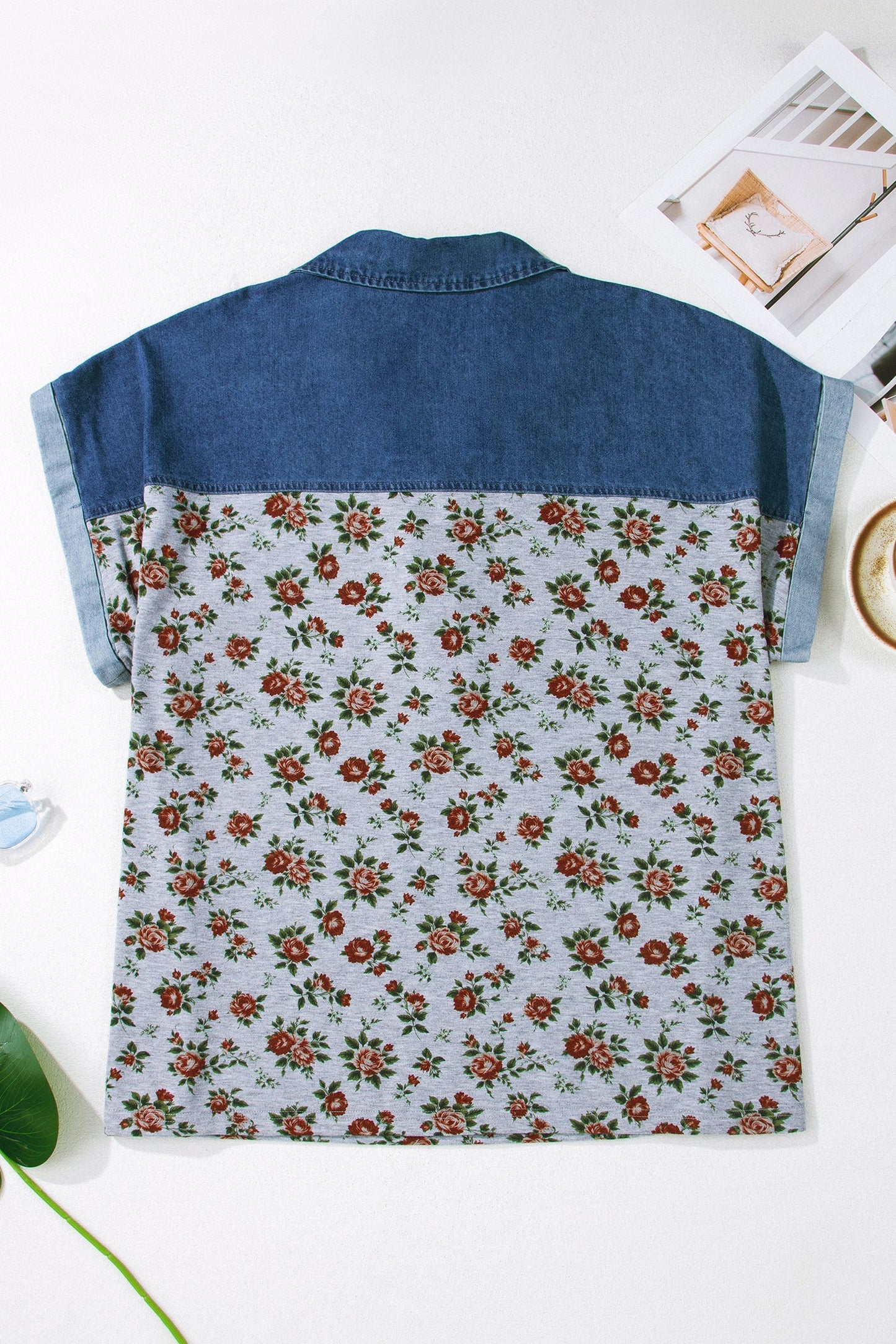 Plus Size Floral Denim Patchwork Polo Tee