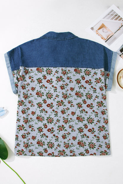 Plus Size Floral Denim Patchwork Polo Tee