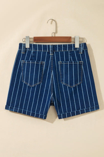 Denim Stripe Metal Button Detail Shorts