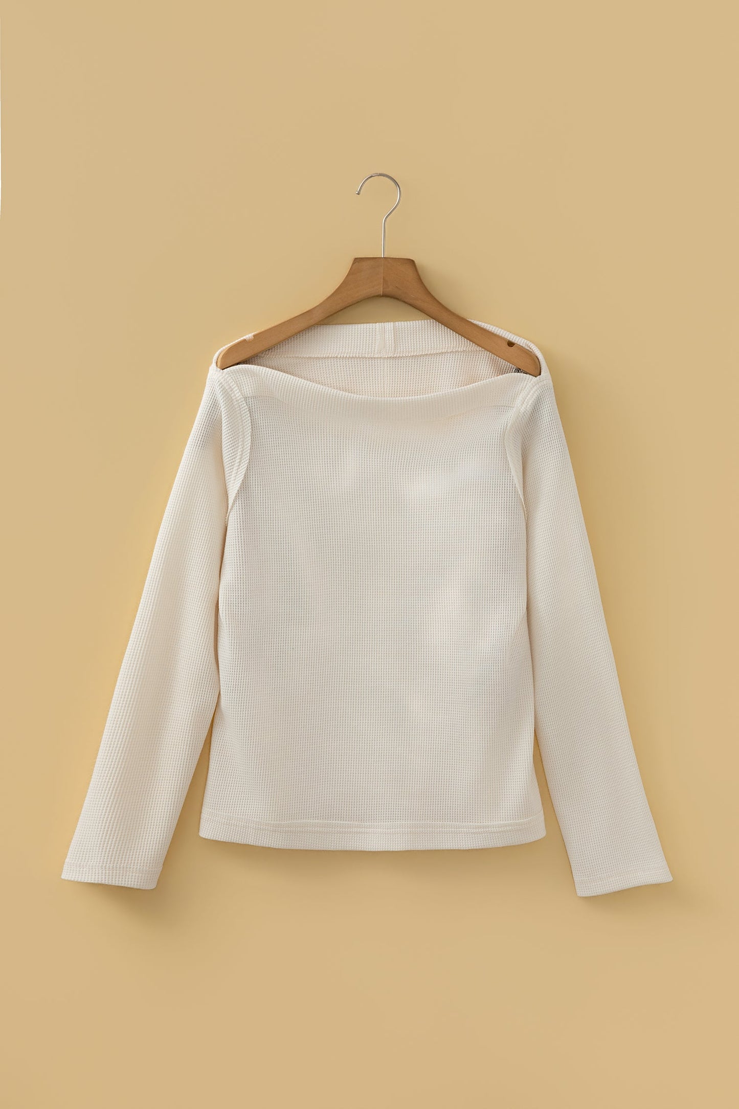 Solid Waffle Knit Asymmetric Neck Long Sleeve Top
