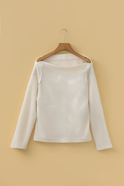 Solid Waffle Knit Asymmetric Neck Long Sleeve Top