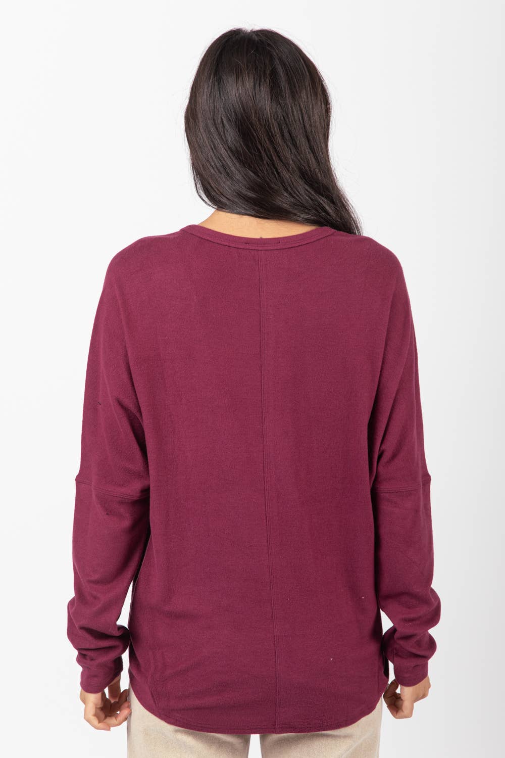VERY J Dolman Sleeve Oversized Comfy Knit Western Top — Wine Color with Drop Shoulder (Small available)