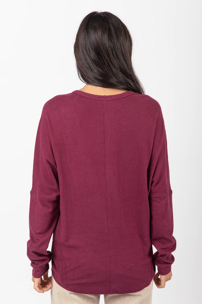 VERY J Dolman Sleeve Oversized Comfy Knit Western Top — Wine Color with Drop Shoulder (Small available)