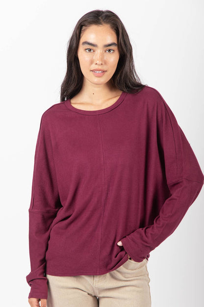 VERY J Dolman Sleeve Oversized Comfy Knit Western Top — Wine Color with Drop Shoulder (Small available)