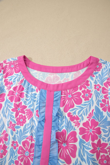 Floral Ruffle Colorblock Trim 3/4 Sleeve Blouse