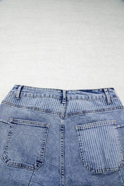 Stripe Denim Paisley Patchwork Raw Hem Shorts