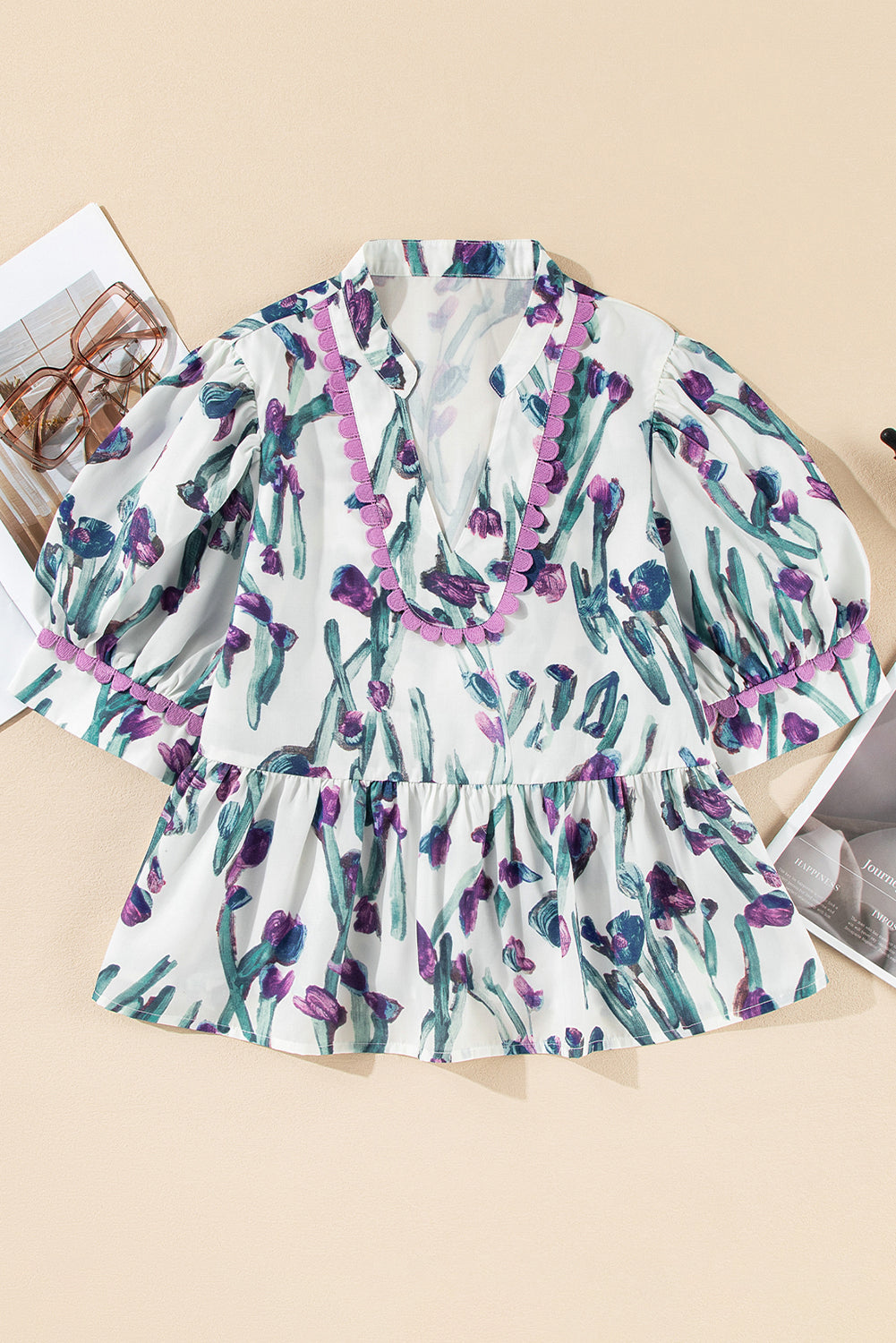 Floral Ricrac Trim Short Sleeve Peplum Top
