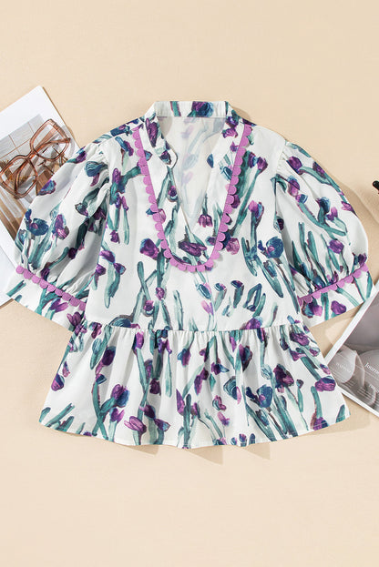 Floral Ricrac Trim Short Sleeve Peplum Top