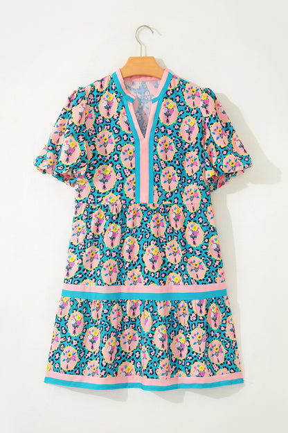 Floral Leopard Contrast Stripe Puff Sleeve Dress