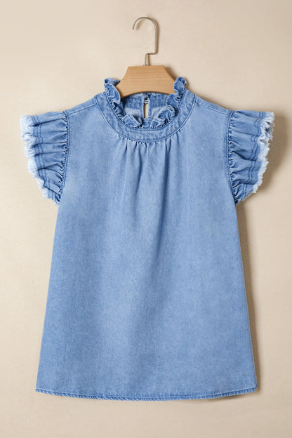 Denim Frilled Collar Flutter Sleeve Top