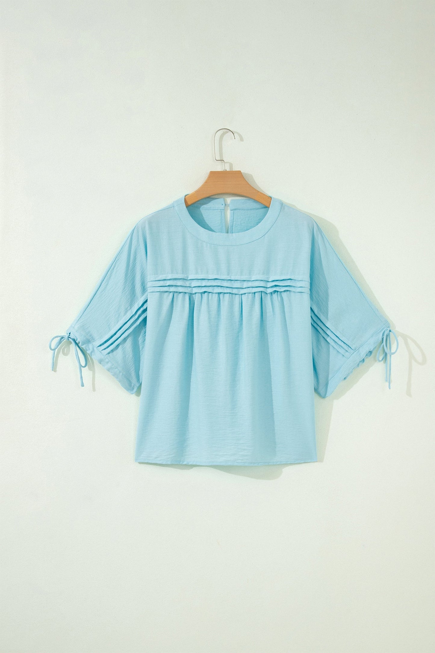 Solid Pleated Tie Sleeve Babydoll Blouse